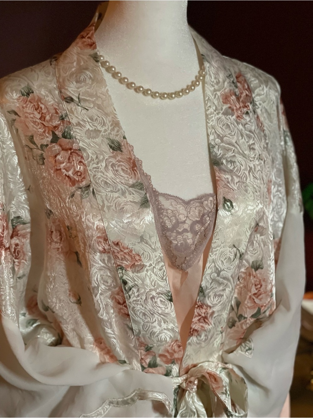 Vintage 80s Val Mode Floral Satin Robe Jacquard Cottagecore Pastel Pink Sz L - Picture 4 of 11